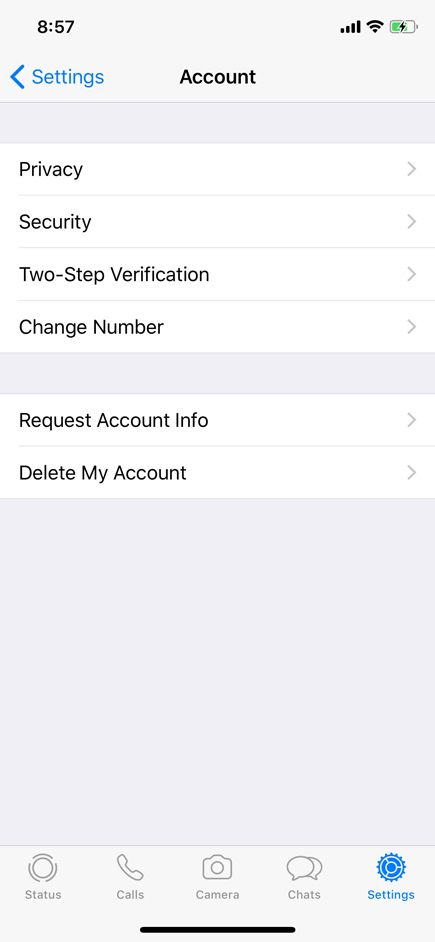 WhatsApp Settings - Accounts Page